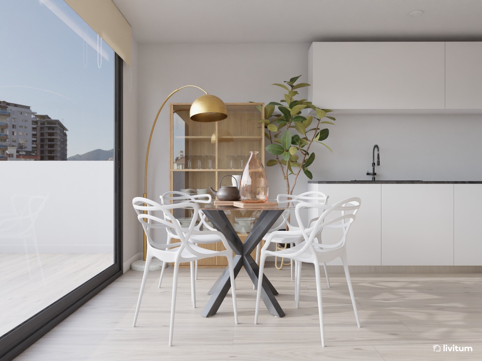 Salón contemporáneo con cocina abierta y vistas al exterior