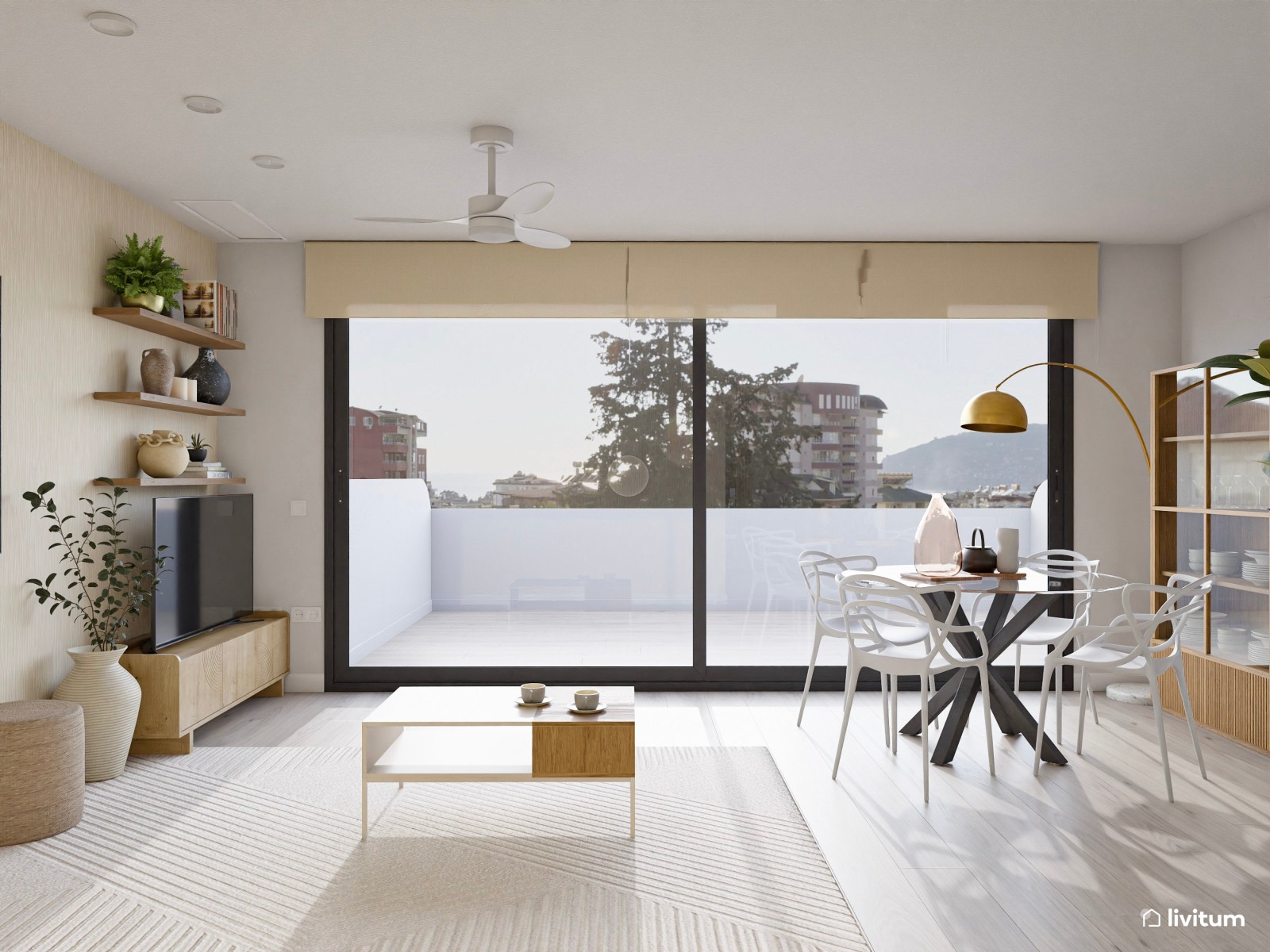 Salón contemporáneo con cocina abierta y vistas al exterior