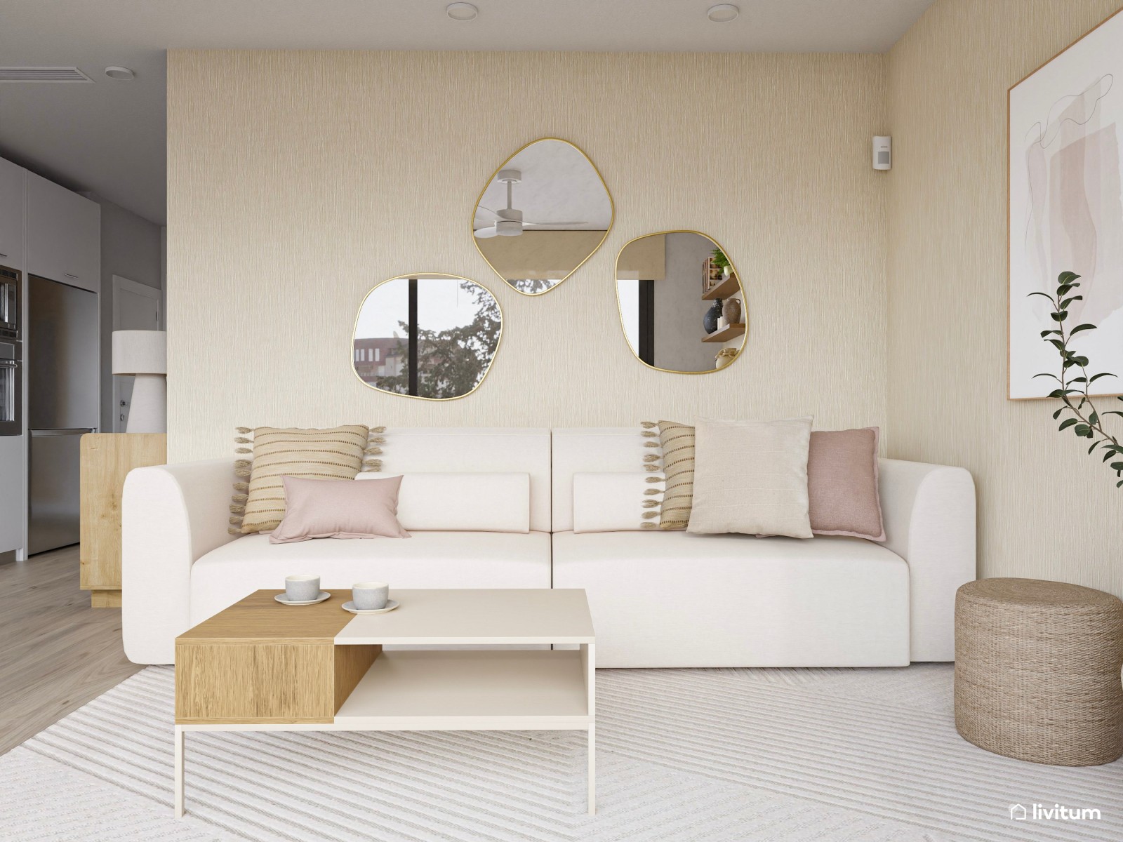 Salón contemporáneo con cocina abierta y vistas al exterior