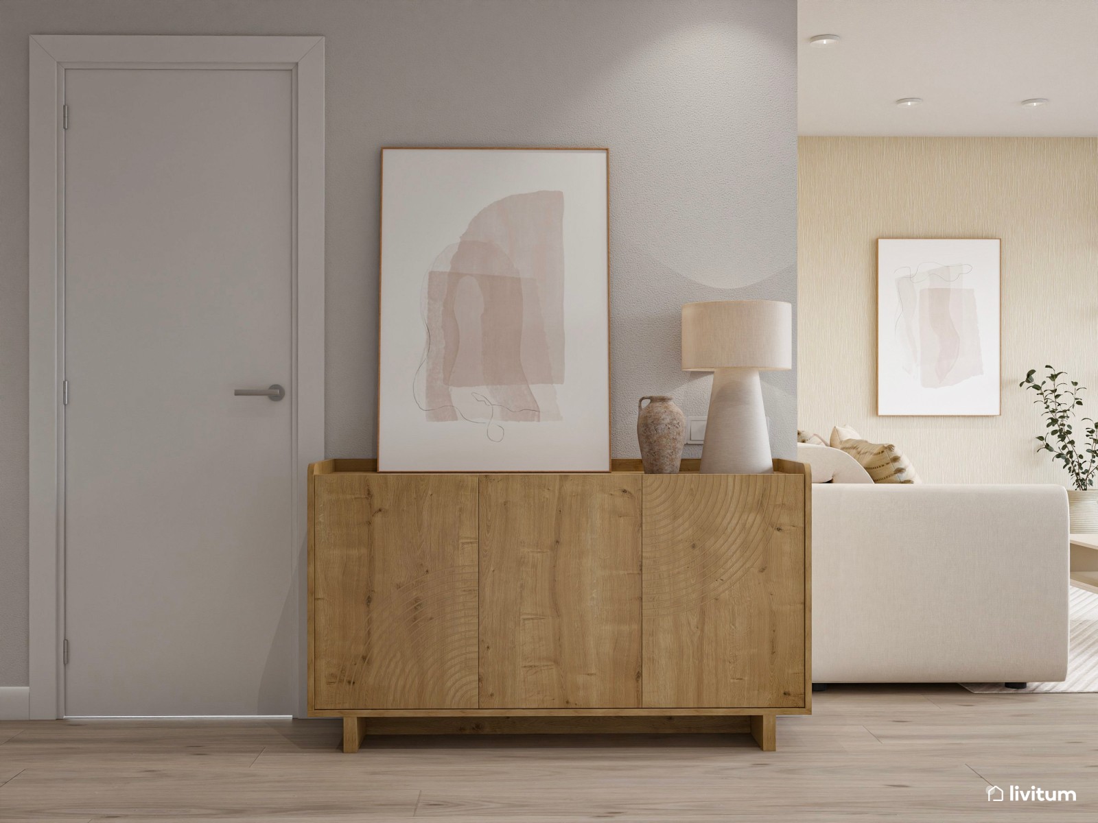 Salón contemporáneo con cocina abierta y vistas al exterior