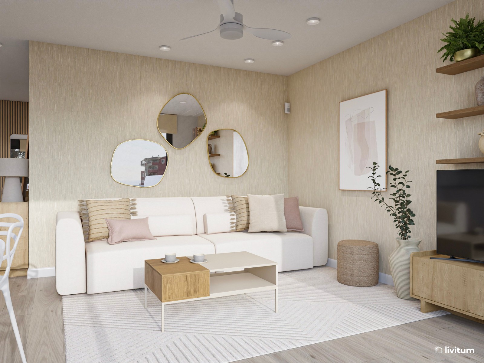 Salón contemporáneo con cocina abierta y vistas al exterior