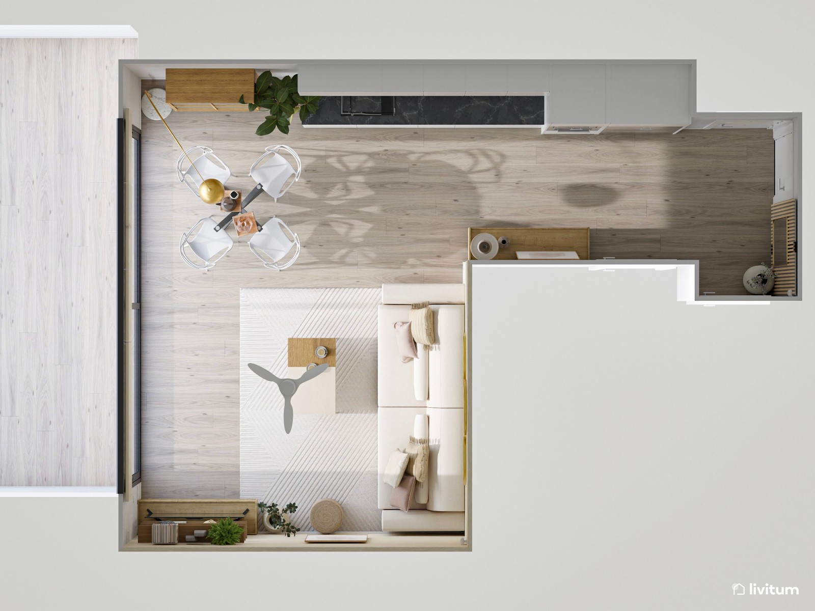 Salón contemporáneo con cocina abierta y vistas al exterior