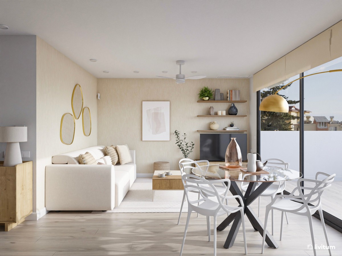 Salón contemporáneo con cocina abierta y vistas al exterior