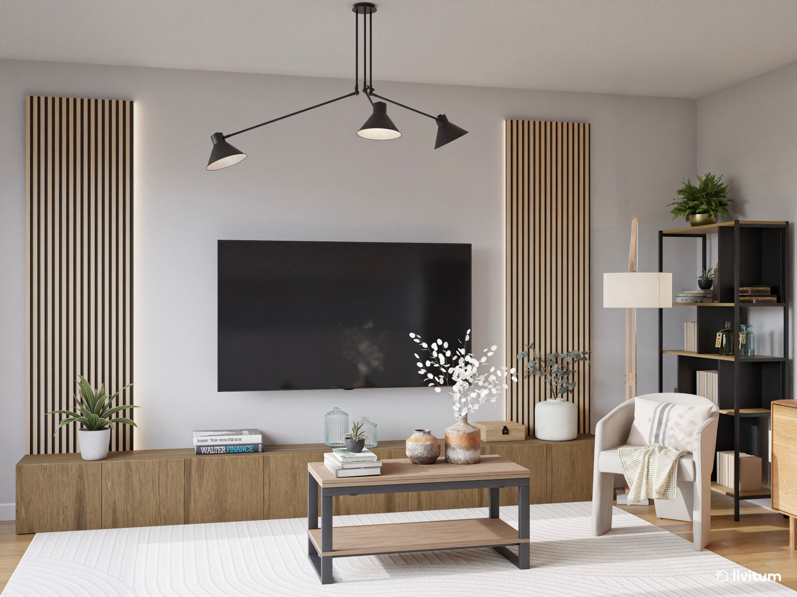 Salón contemporáneo con sofá gris oscuro y comedor en tonos suaves