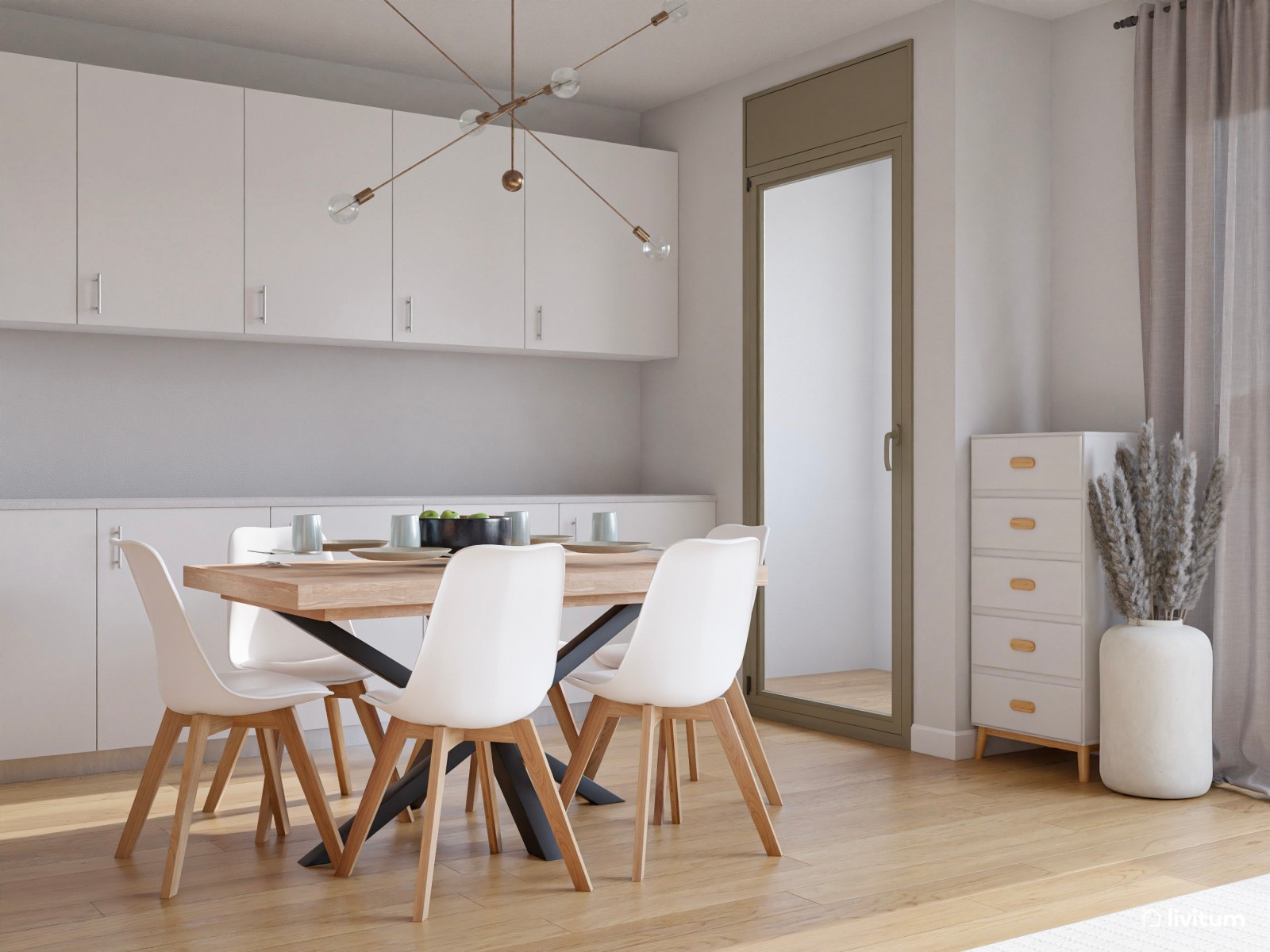 Salón contemporáneo con sofá gris oscuro y comedor en tonos suaves