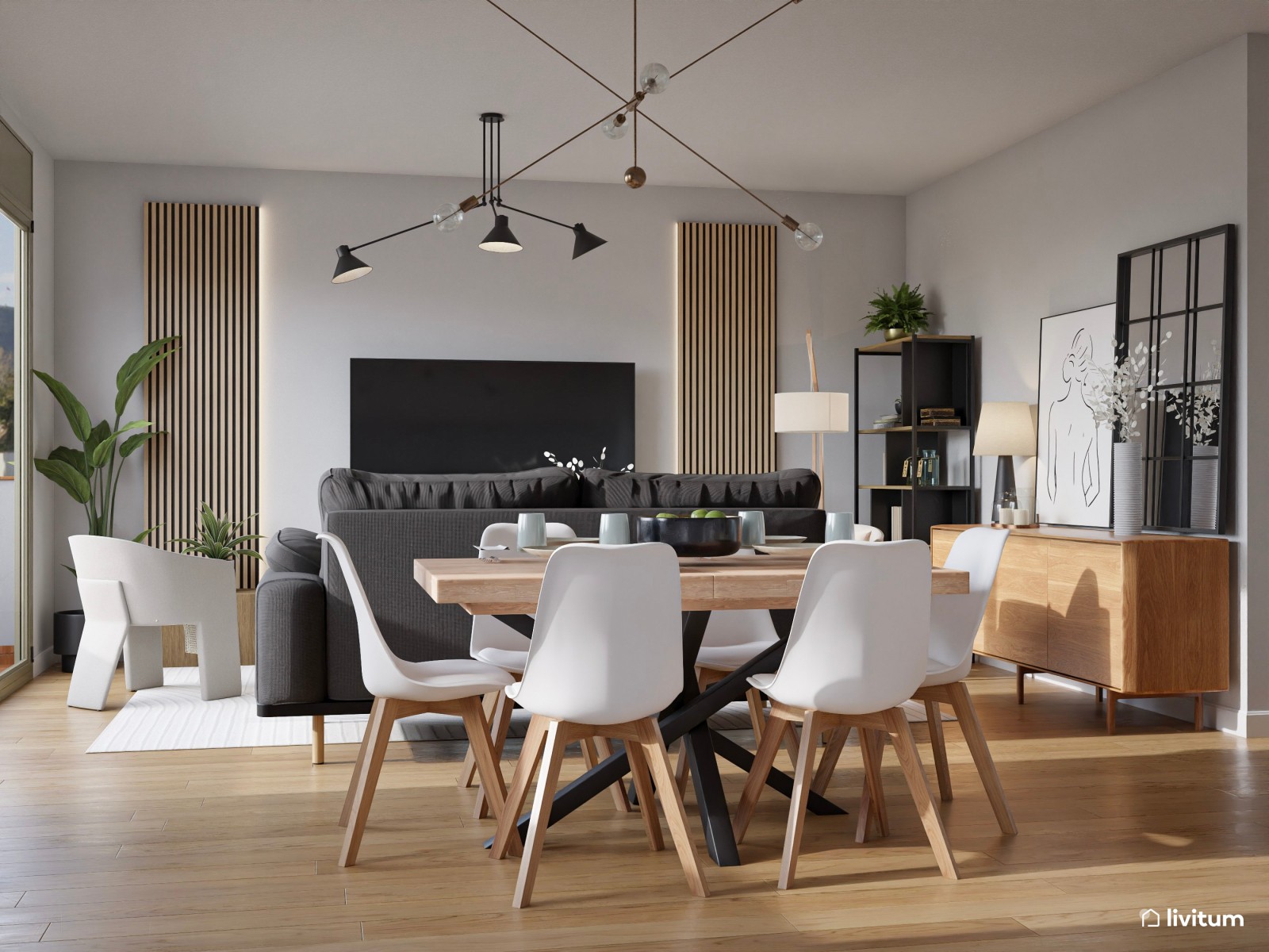 Salón contemporáneo con sofá gris oscuro y comedor en tonos suaves
