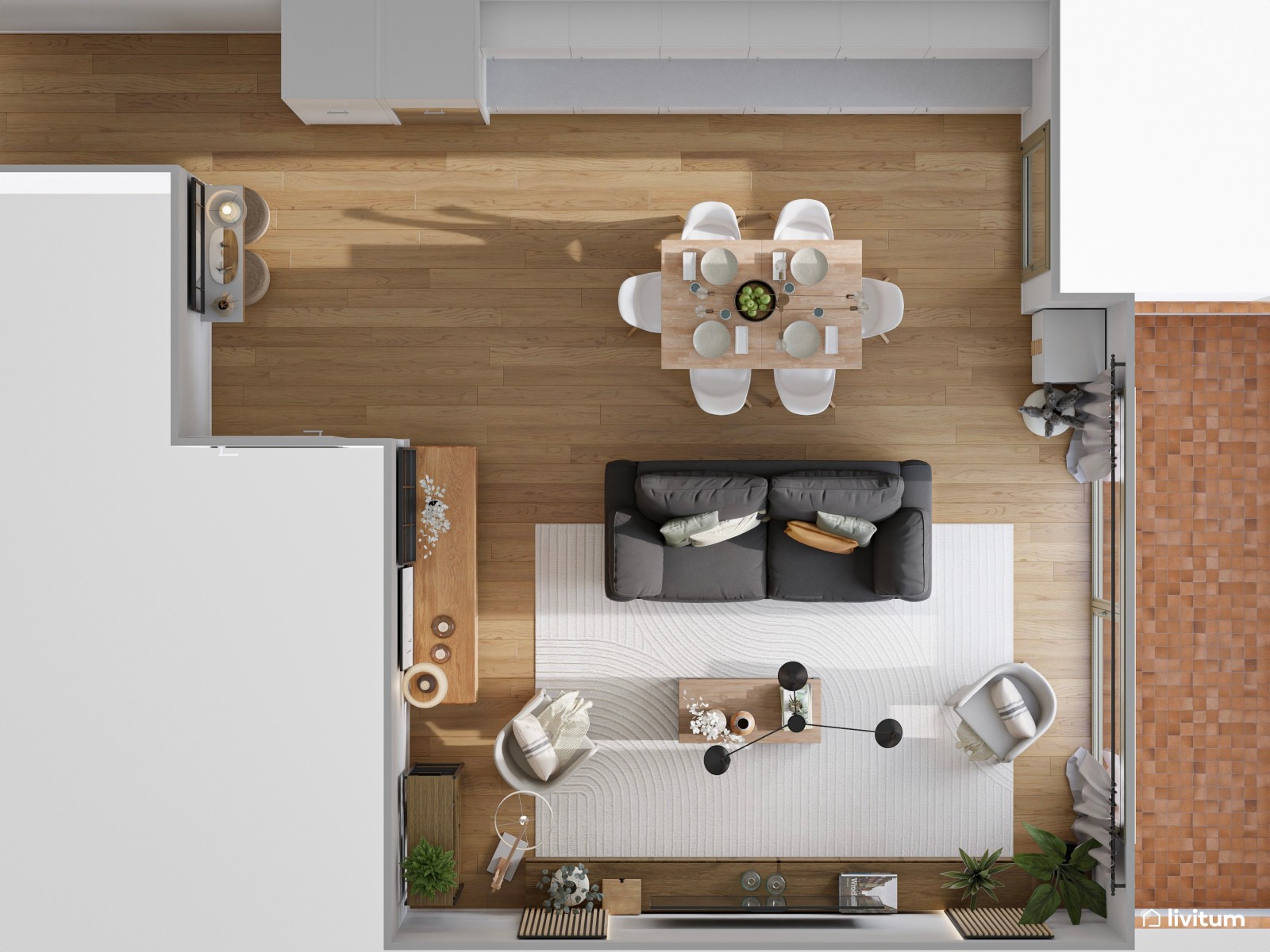 Salón contemporáneo con sofá gris oscuro y comedor en tonos suaves