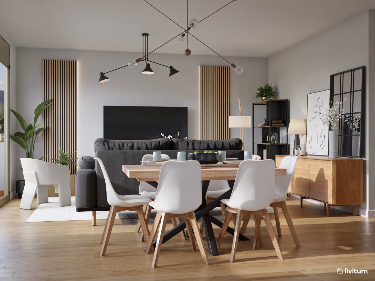 Salón contemporáneo con sofá gris oscuro y comedor en tonos suaves