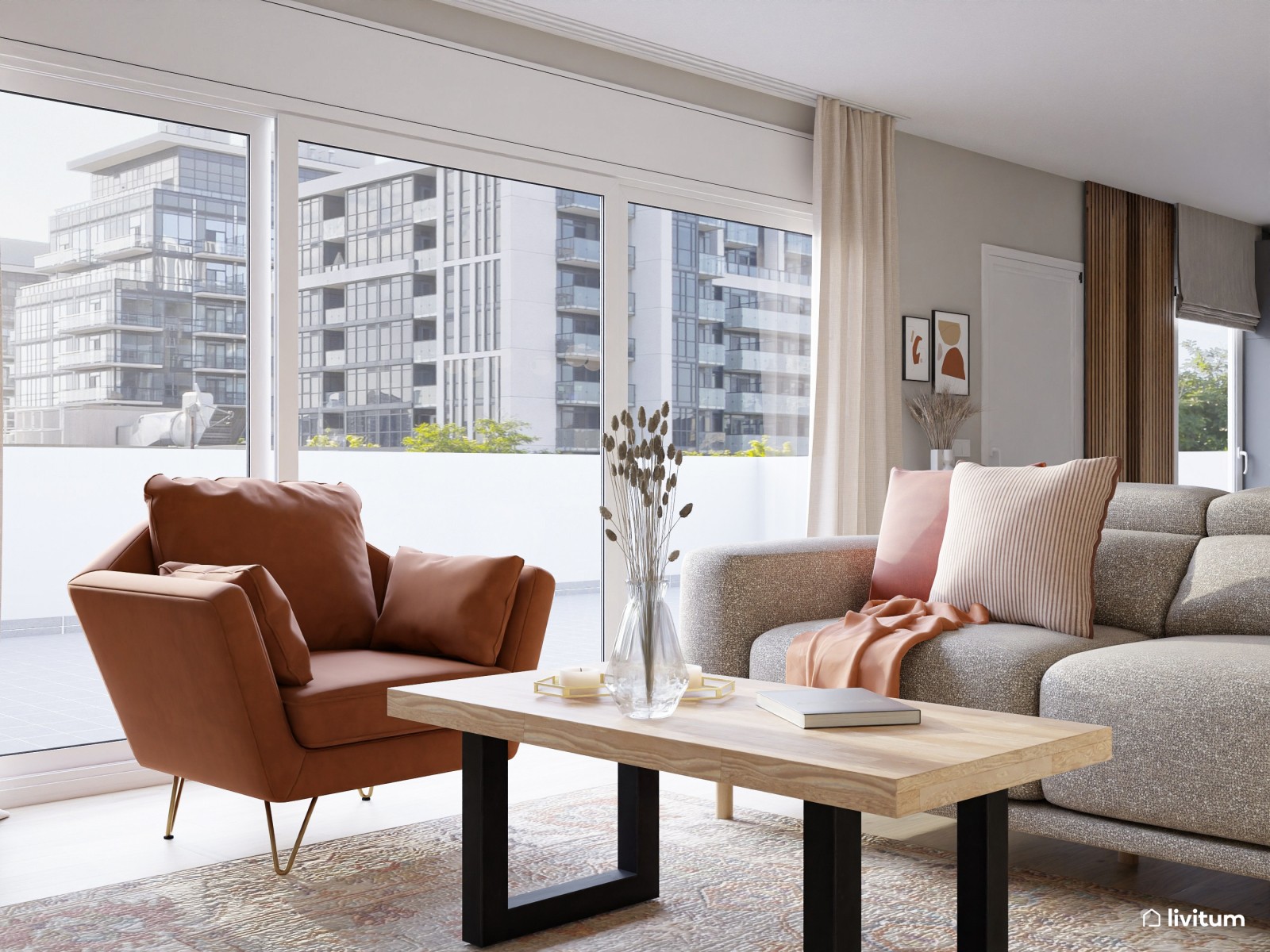  Salón contemporáneo con toques mid-century, sillón en terracota y almacenaje inteligente
