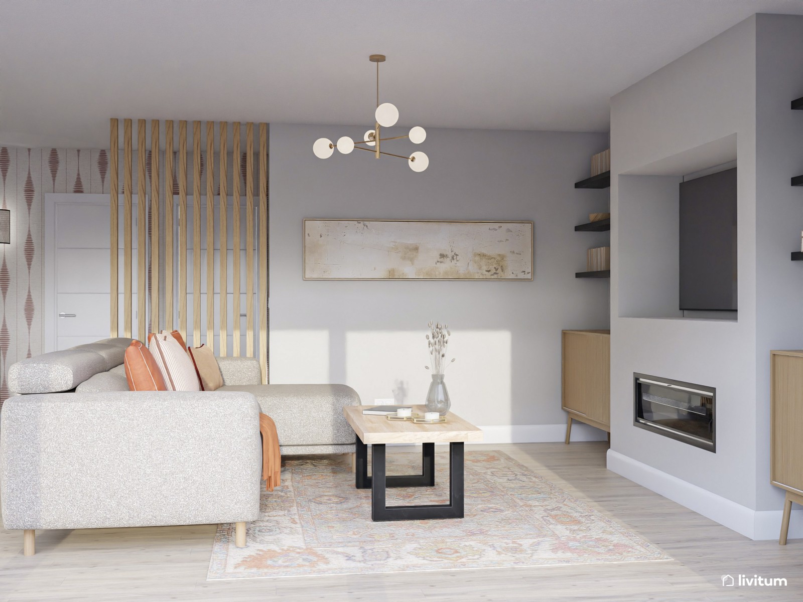  Salón contemporáneo con toques mid-century, sillón en terracota y almacenaje inteligente
