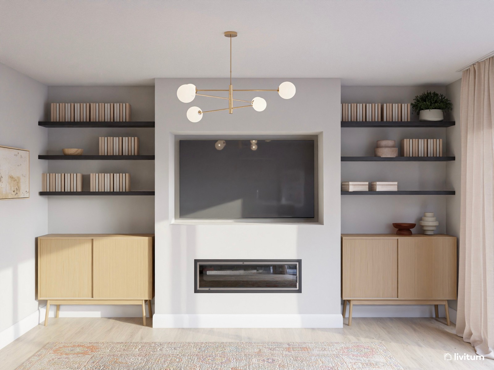  Salón contemporáneo con toques mid-century, sillón en terracota y almacenaje inteligente