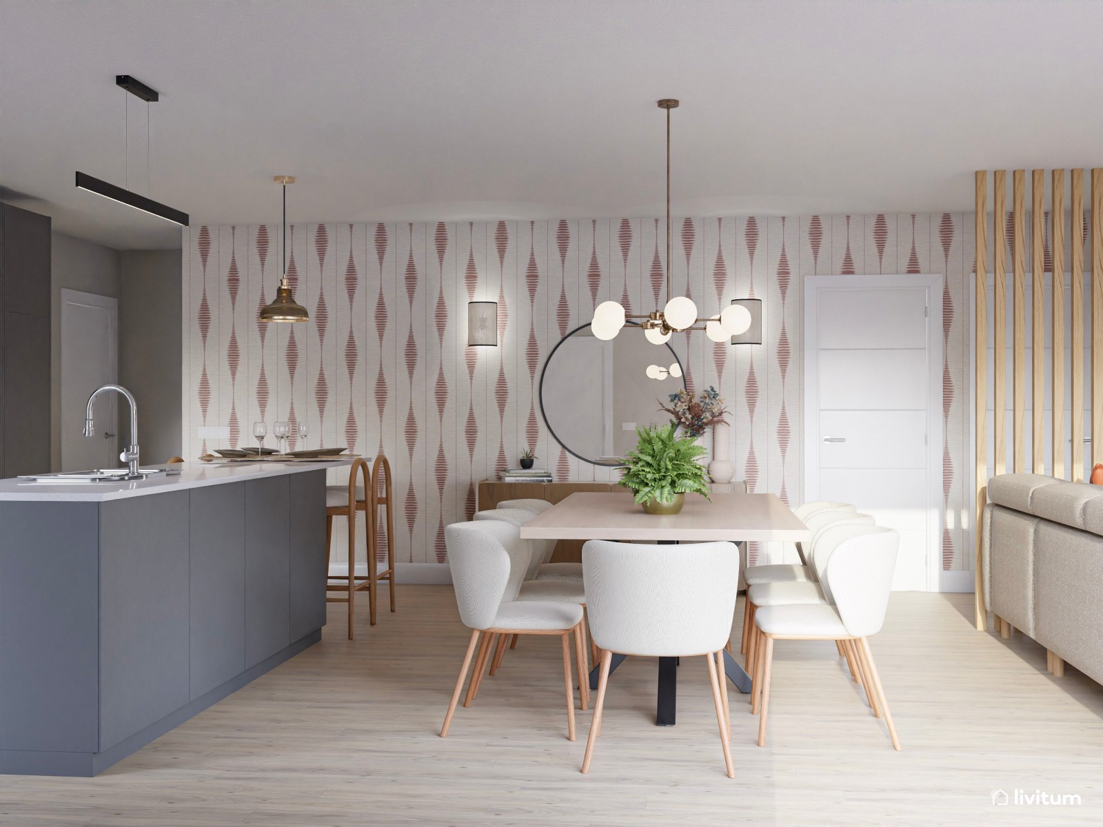  Salón contemporáneo con toques mid-century, sillón en terracota y almacenaje inteligente