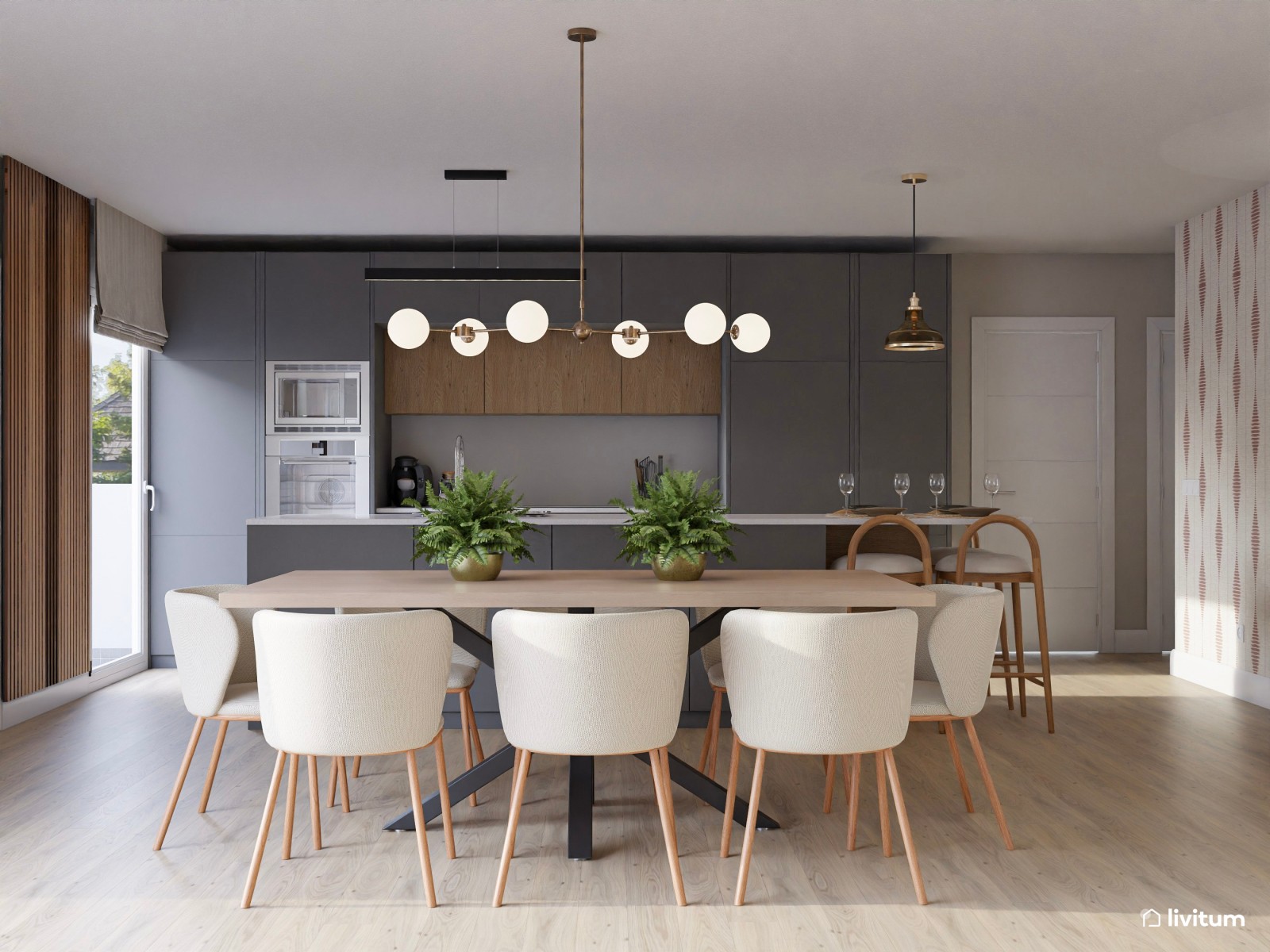  Salón contemporáneo con toques mid-century, sillón en terracota y almacenaje inteligente