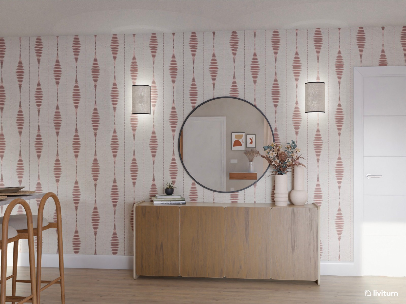  Salón contemporáneo con toques mid-century, sillón en terracota y almacenaje inteligente