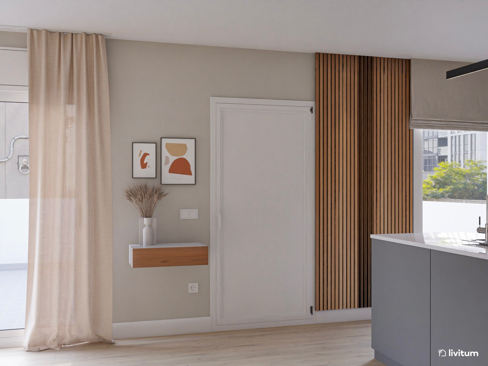  Salón contemporáneo con toques mid-century, sillón en terracota y almacenaje inteligente