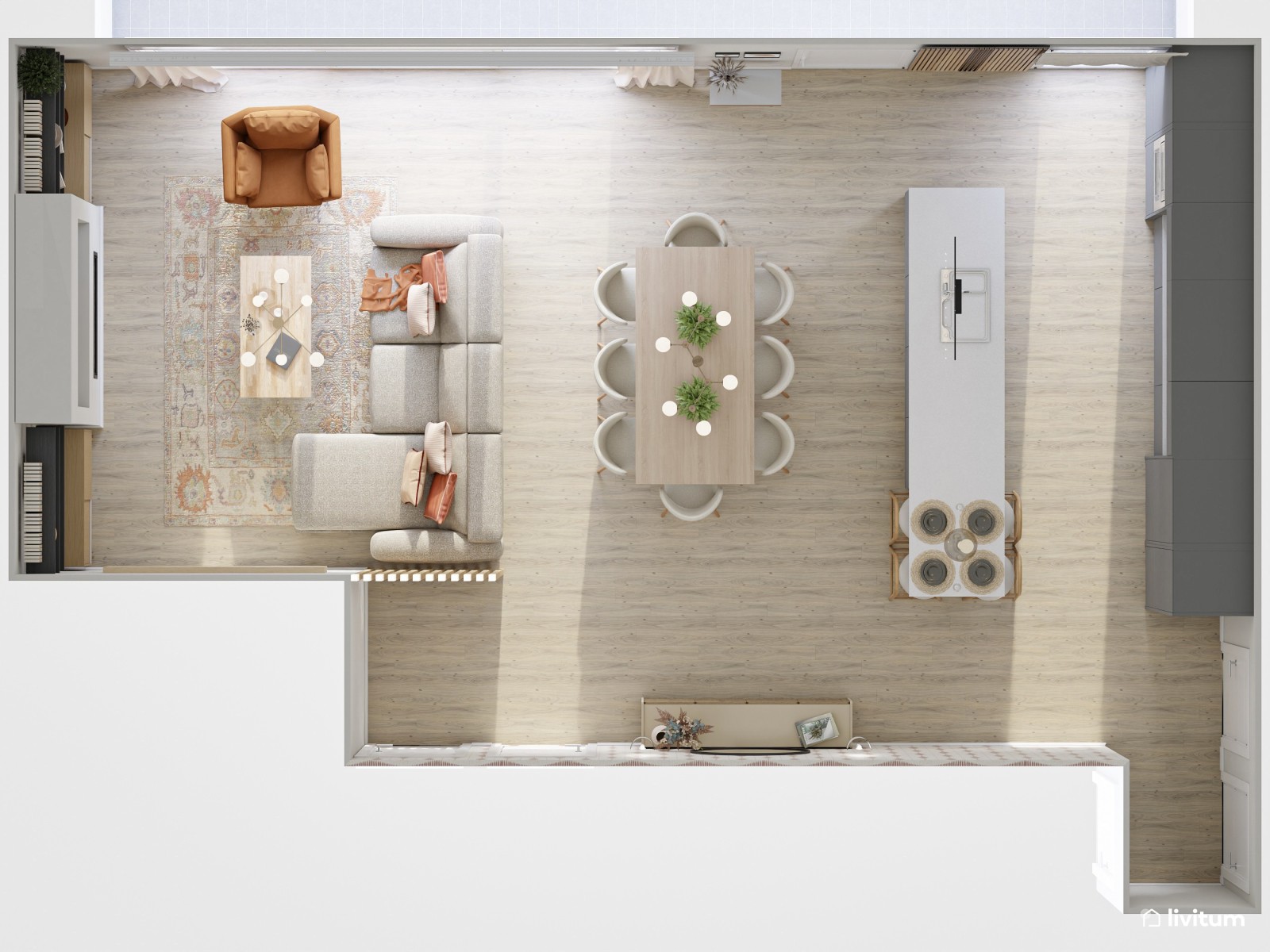  Salón contemporáneo con toques mid-century, sillón en terracota y almacenaje inteligente