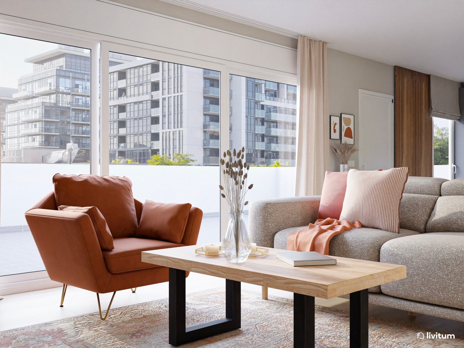  Salón contemporáneo con toques mid-century, sillón en terracota y almacenaje inteligente