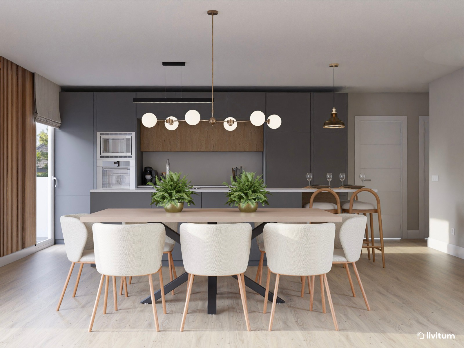  Salón contemporáneo con toques mid-century, sillón en terracota y almacenaje inteligente