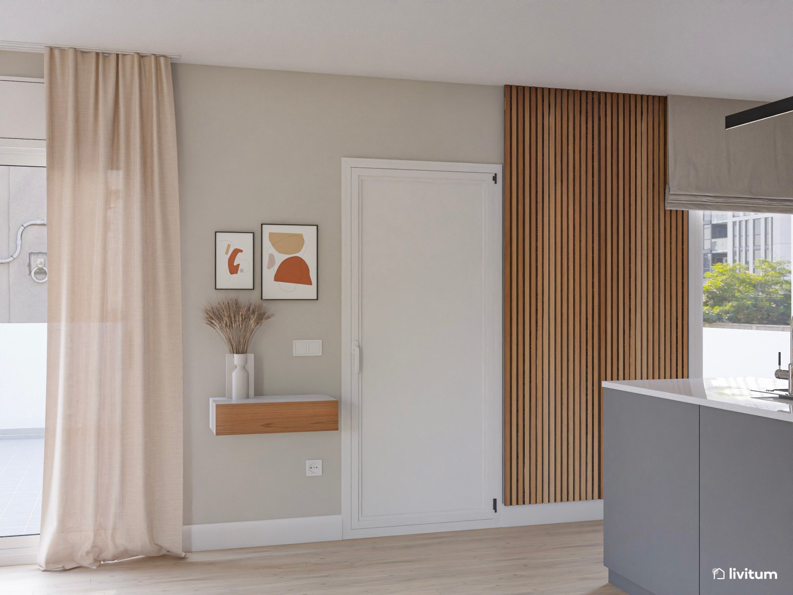  Salón contemporáneo con toques mid-century, sillón en terracota y almacenaje inteligente