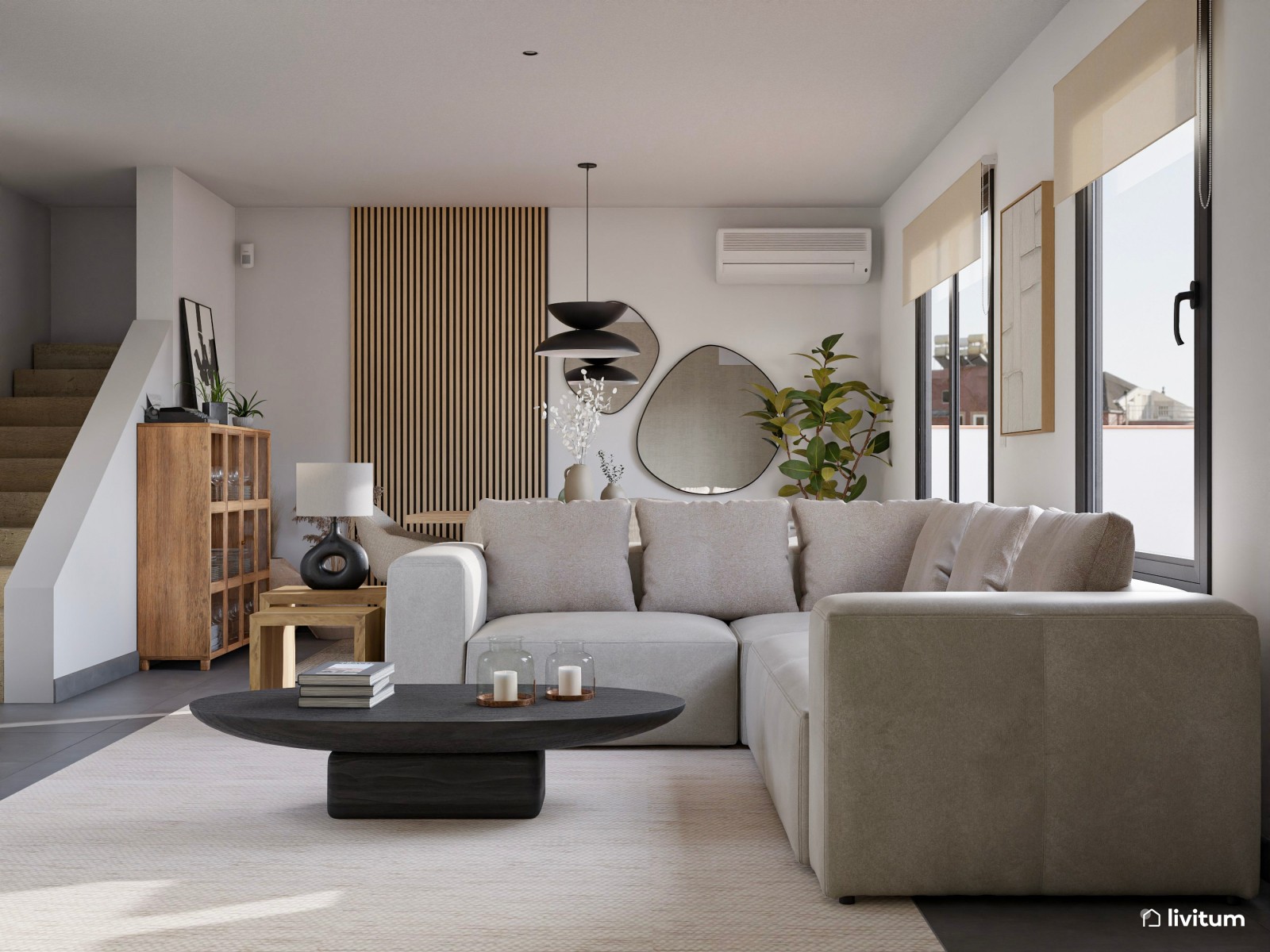 Salón contemporáneo de formas orgánicas y detalles oscuros