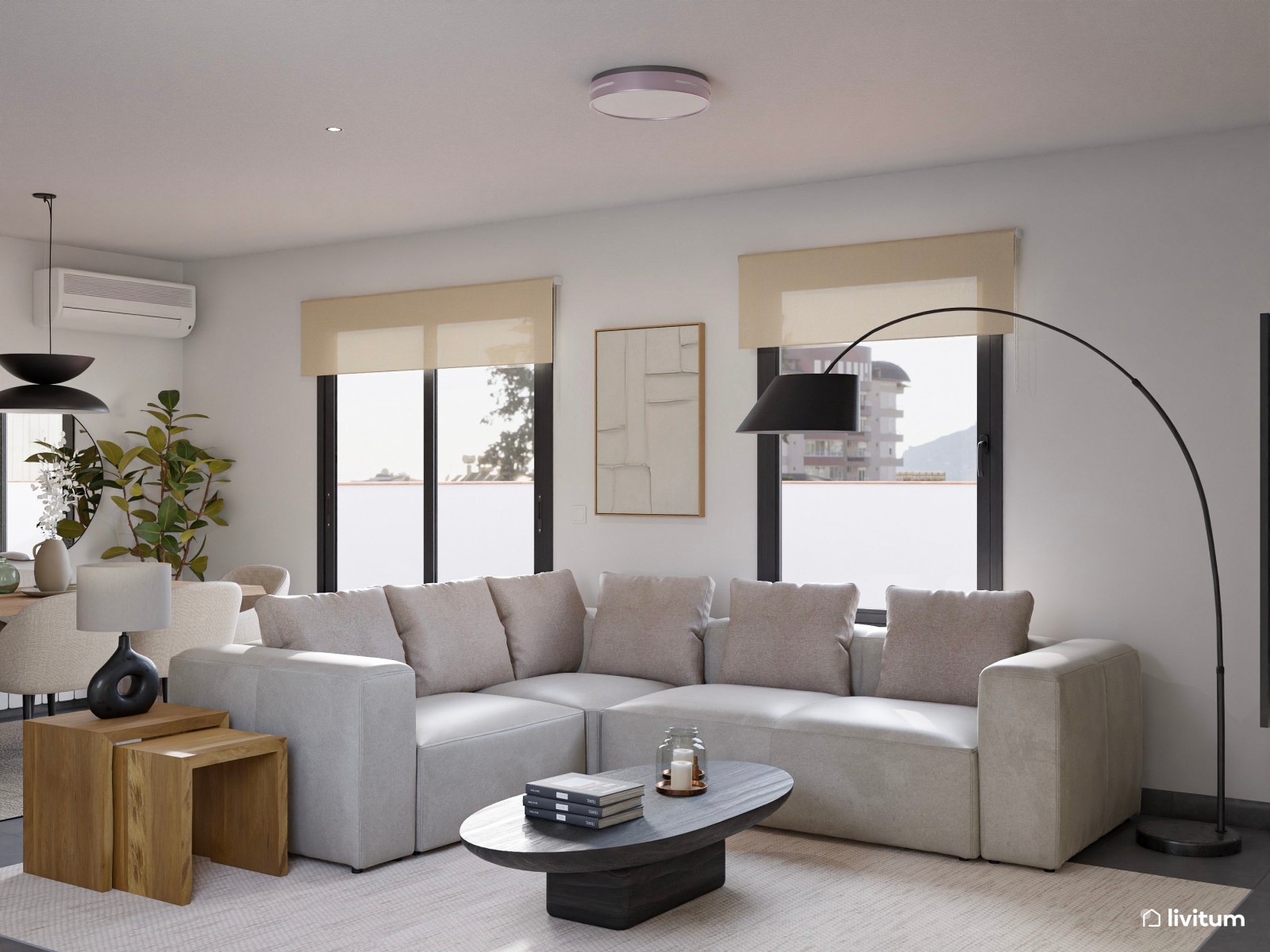 Salón contemporáneo de formas orgánicas y detalles oscuros