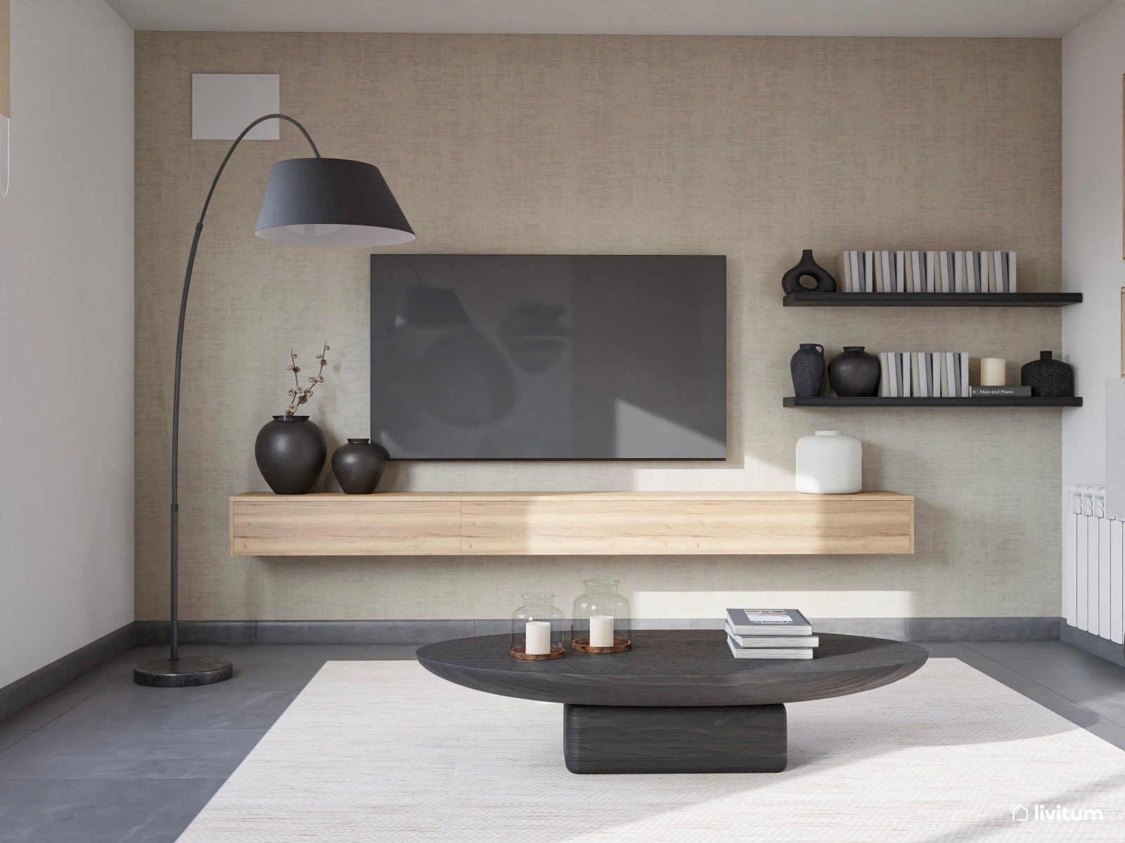 Salón contemporáneo de formas orgánicas y detalles oscuros