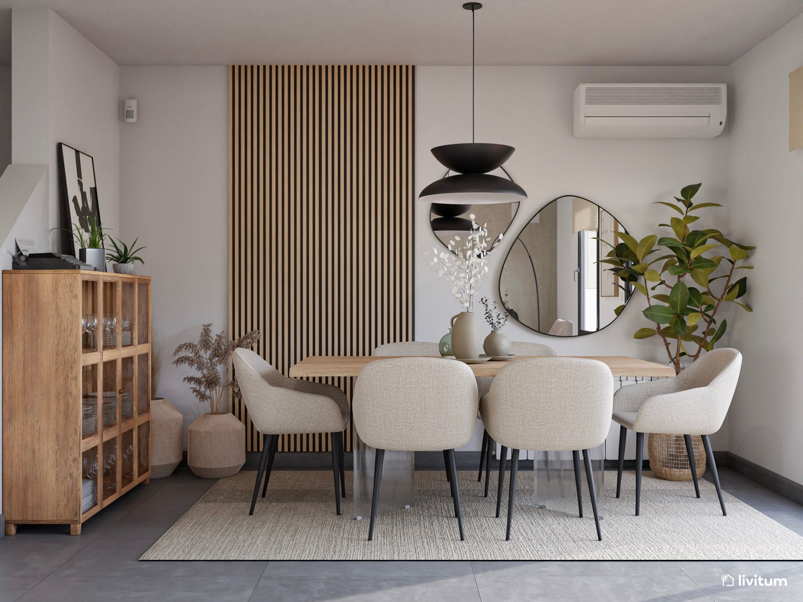 Salón contemporáneo de formas orgánicas y detalles oscuros