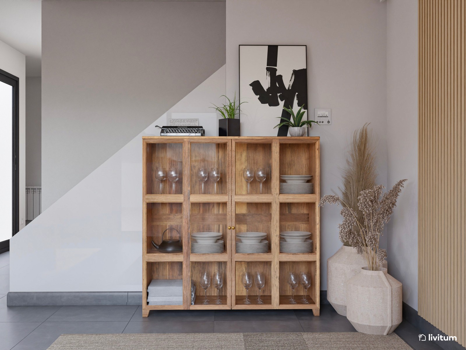 Salón contemporáneo de formas orgánicas y detalles oscuros