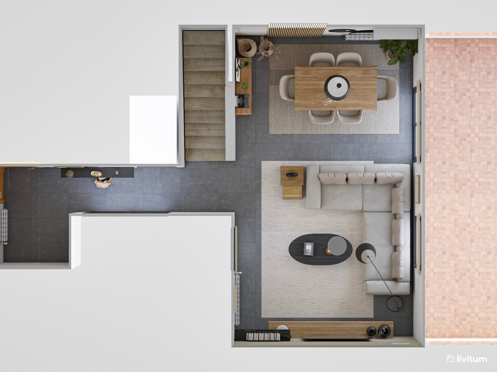 Salón contemporáneo de formas orgánicas y detalles oscuros