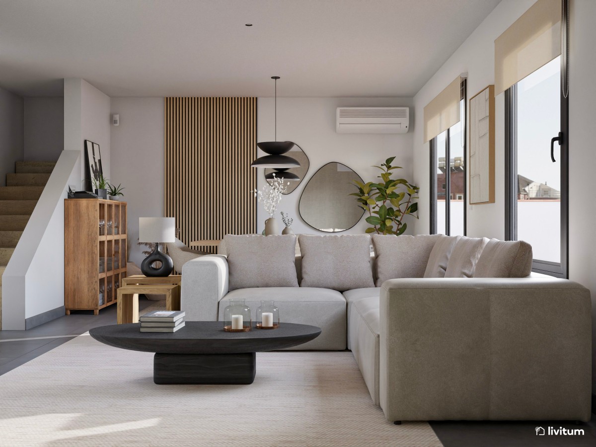 Salón contemporáneo de formas orgánicas y detalles oscuros