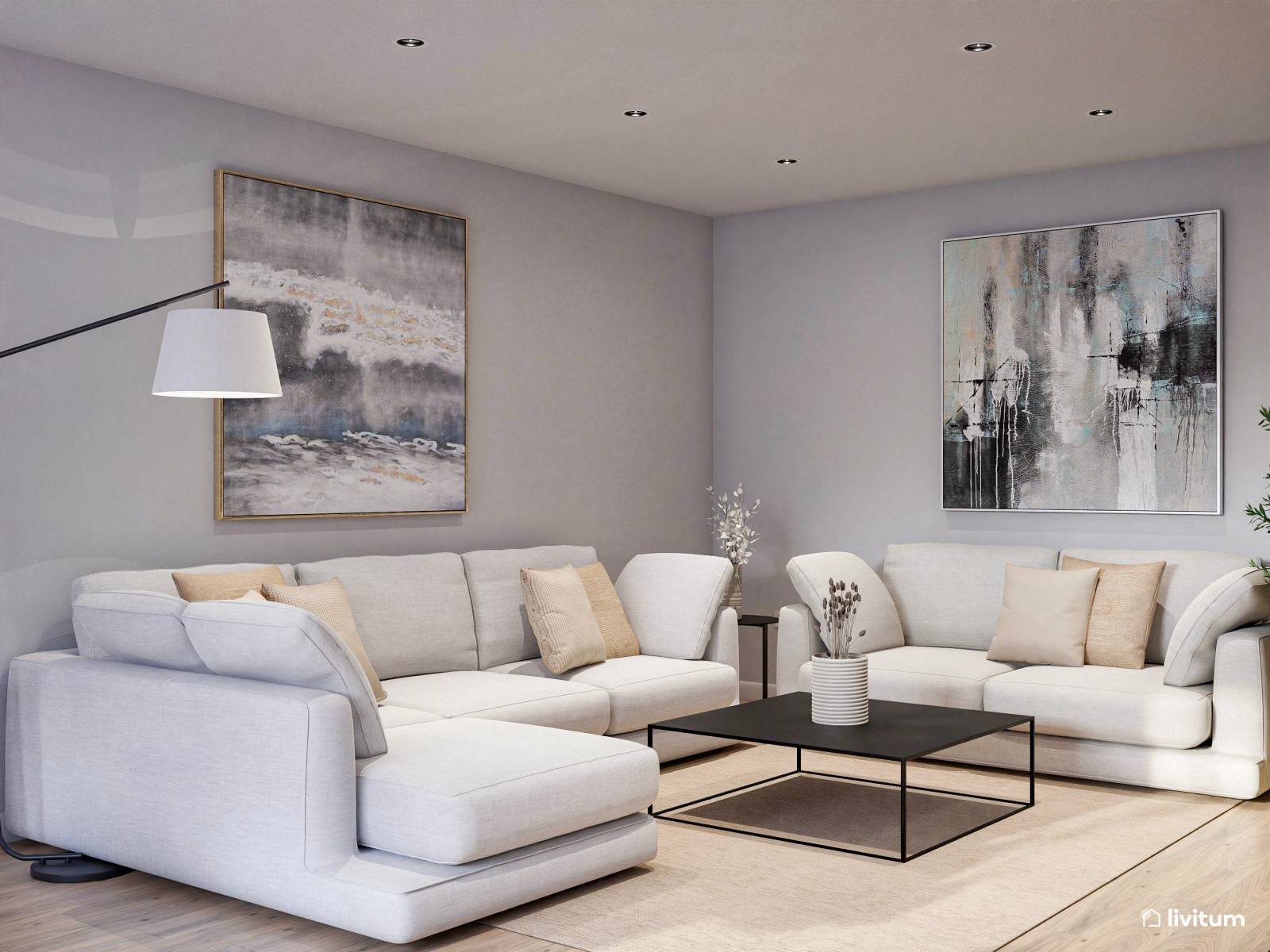 Salón contemporáneo en beige, gris, negro y madera 