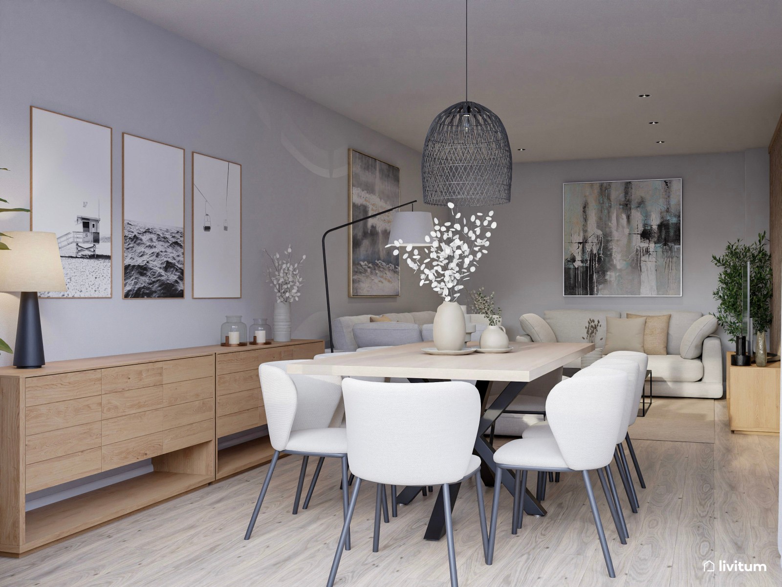 Salón contemporáneo en beige, gris, negro y madera 