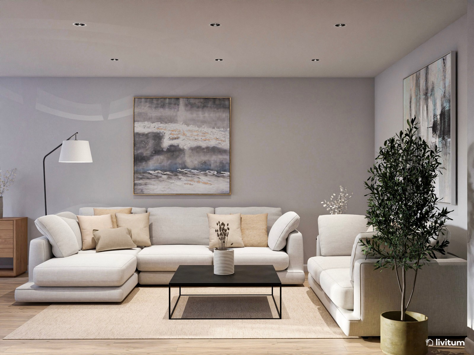 Salón contemporáneo en beige, gris, negro y madera 