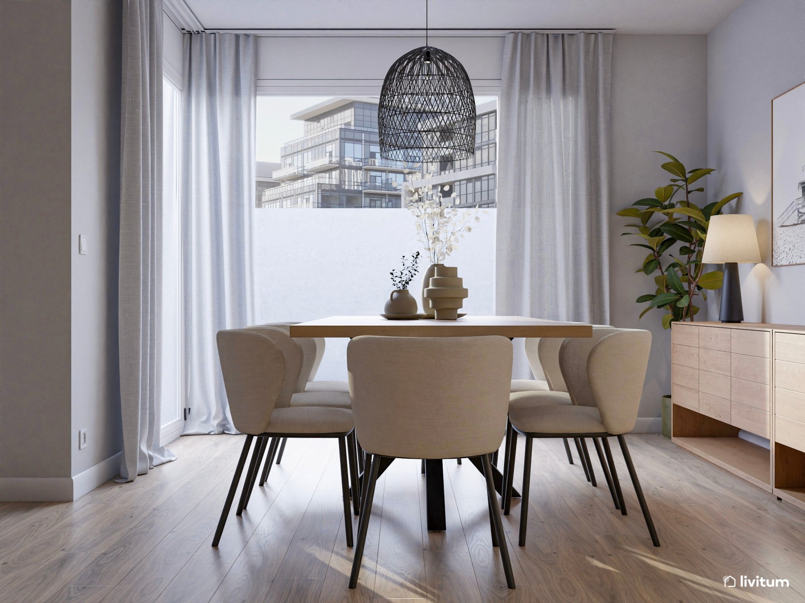 Salón contemporáneo en beige, gris, negro y madera 