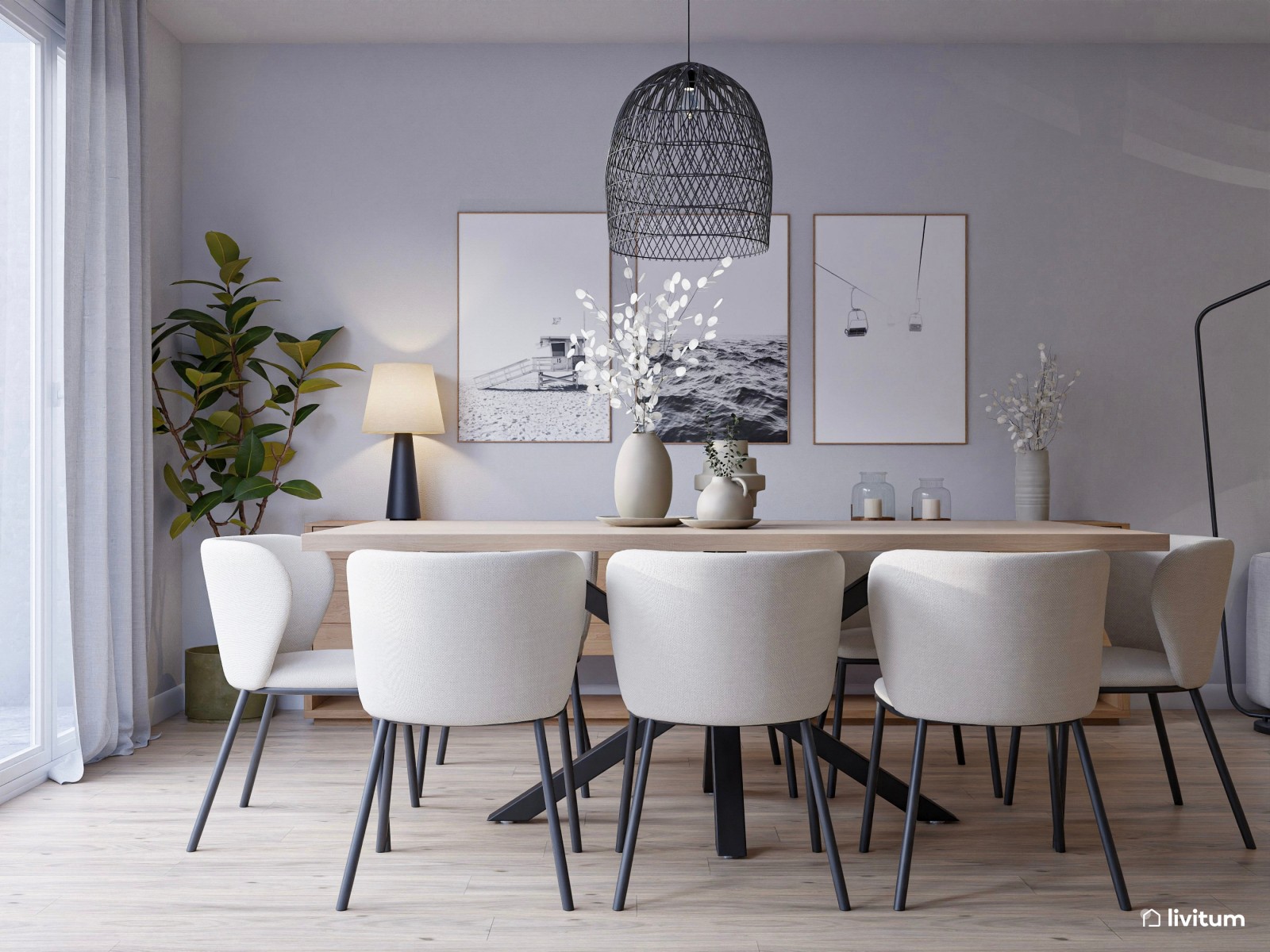 Salón contemporáneo en beige, gris, negro y madera 