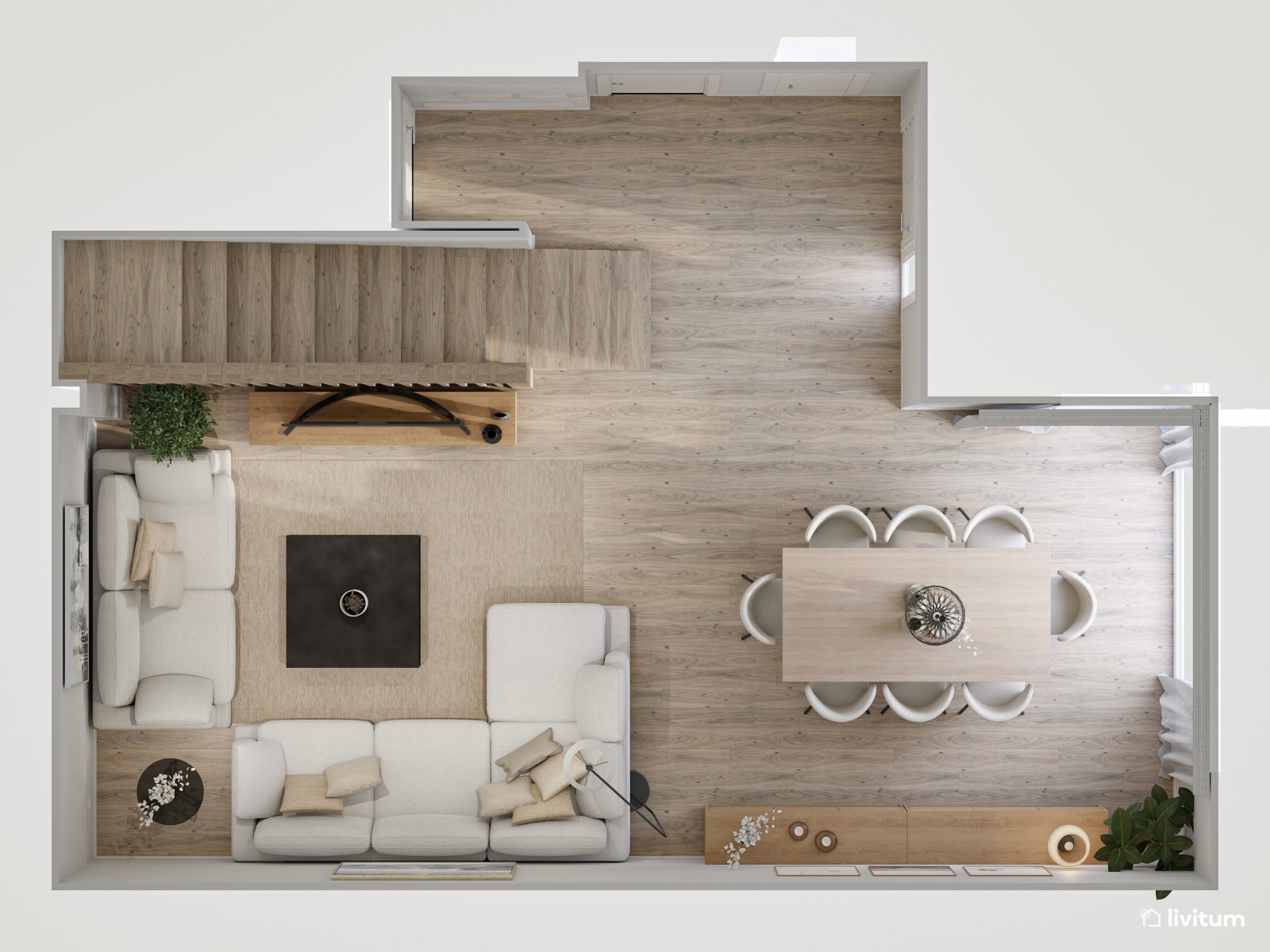 Salón contemporáneo en beige, gris, negro y madera 