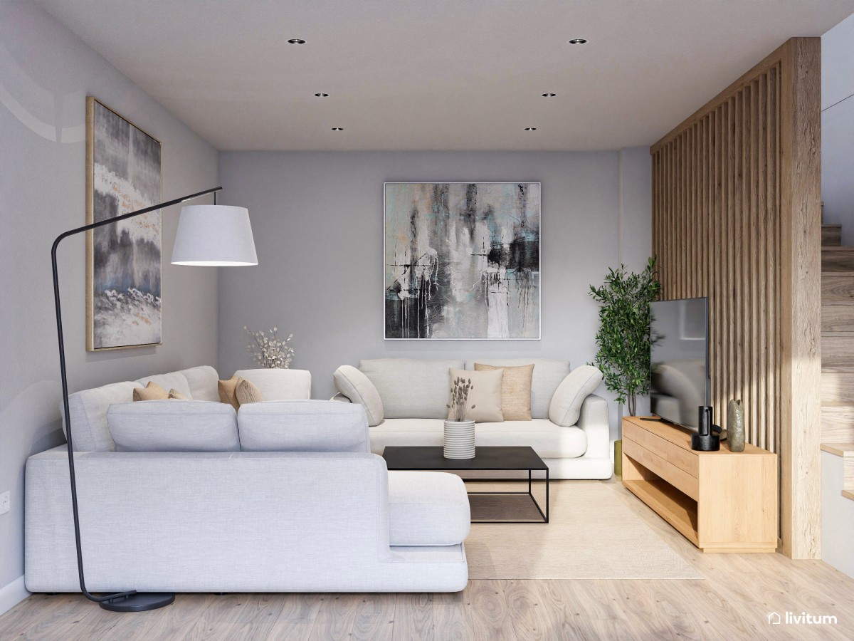 Salón contemporáneo en beige, gris, negro y madera