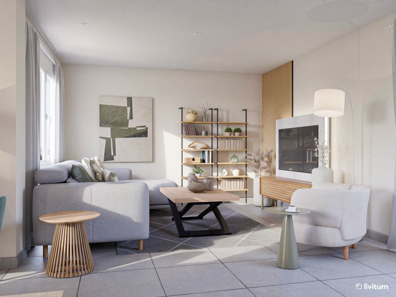 Salón contemporáneo en gris con sofá rinconero y panel acústico de listones