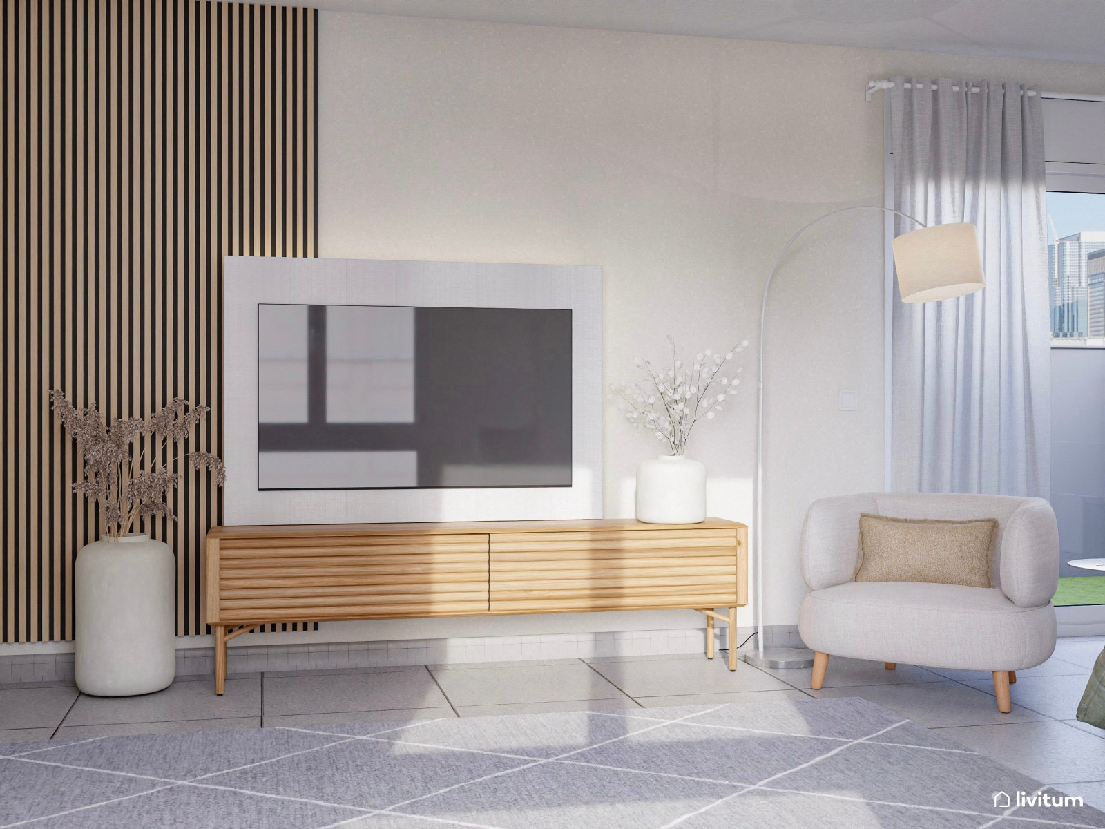 Salón contemporáneo en gris con sofá rinconero y panel acústico de listones