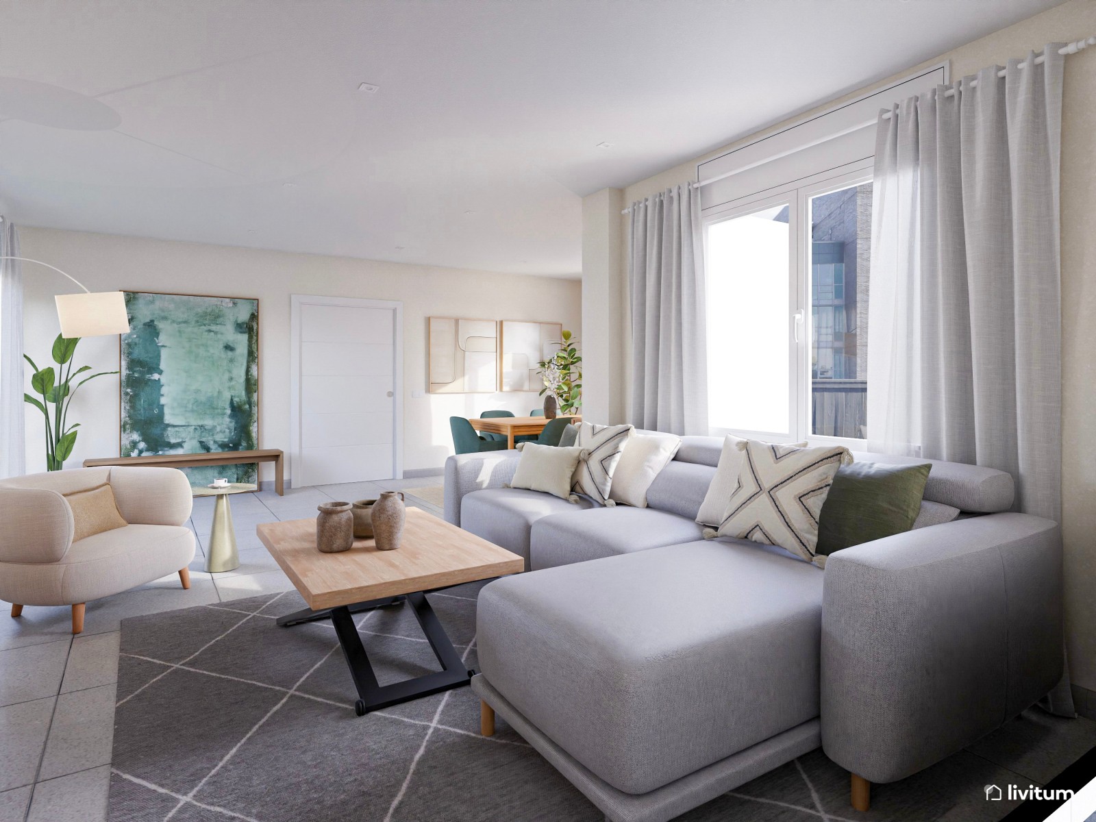 Salón contemporáneo en gris con sofá rinconero y panel acústico de listones