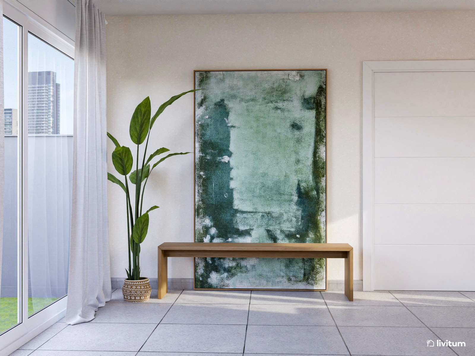 Salón contemporáneo en gris con sofá rinconero y panel acústico de listones