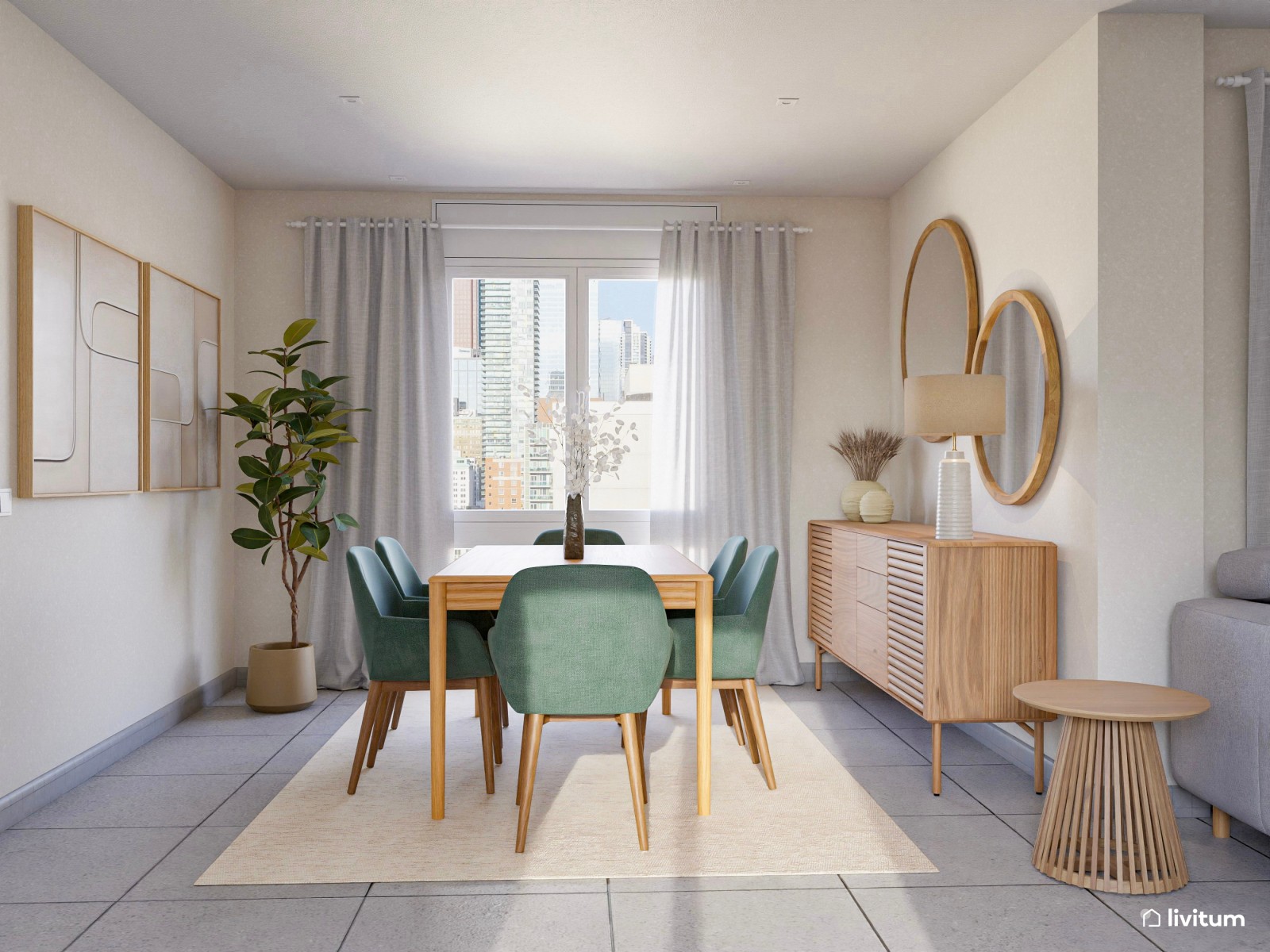 Salón contemporáneo en gris con sofá rinconero y panel acústico de listones