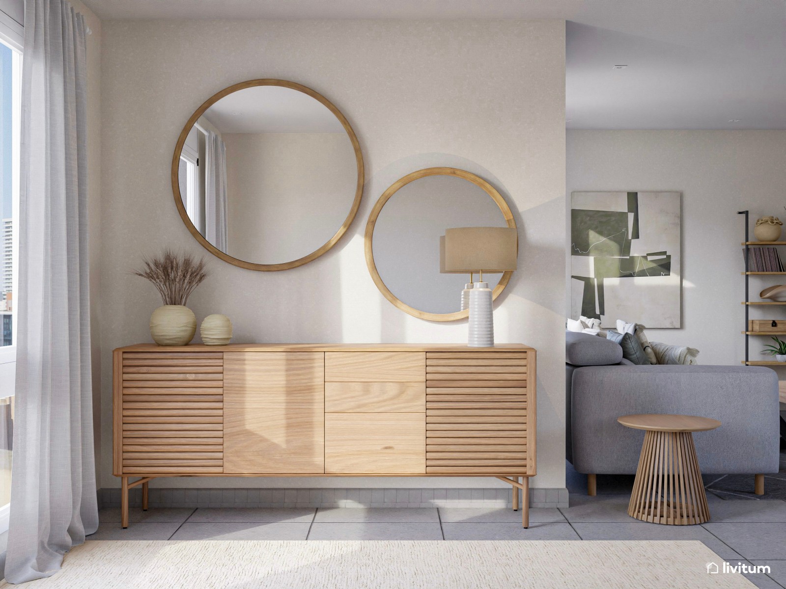 Salón contemporáneo en gris con sofá rinconero y panel acústico de listones