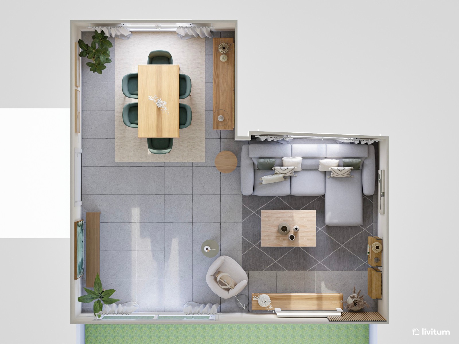 Salón contemporáneo en gris con sofá rinconero y panel acústico de listones