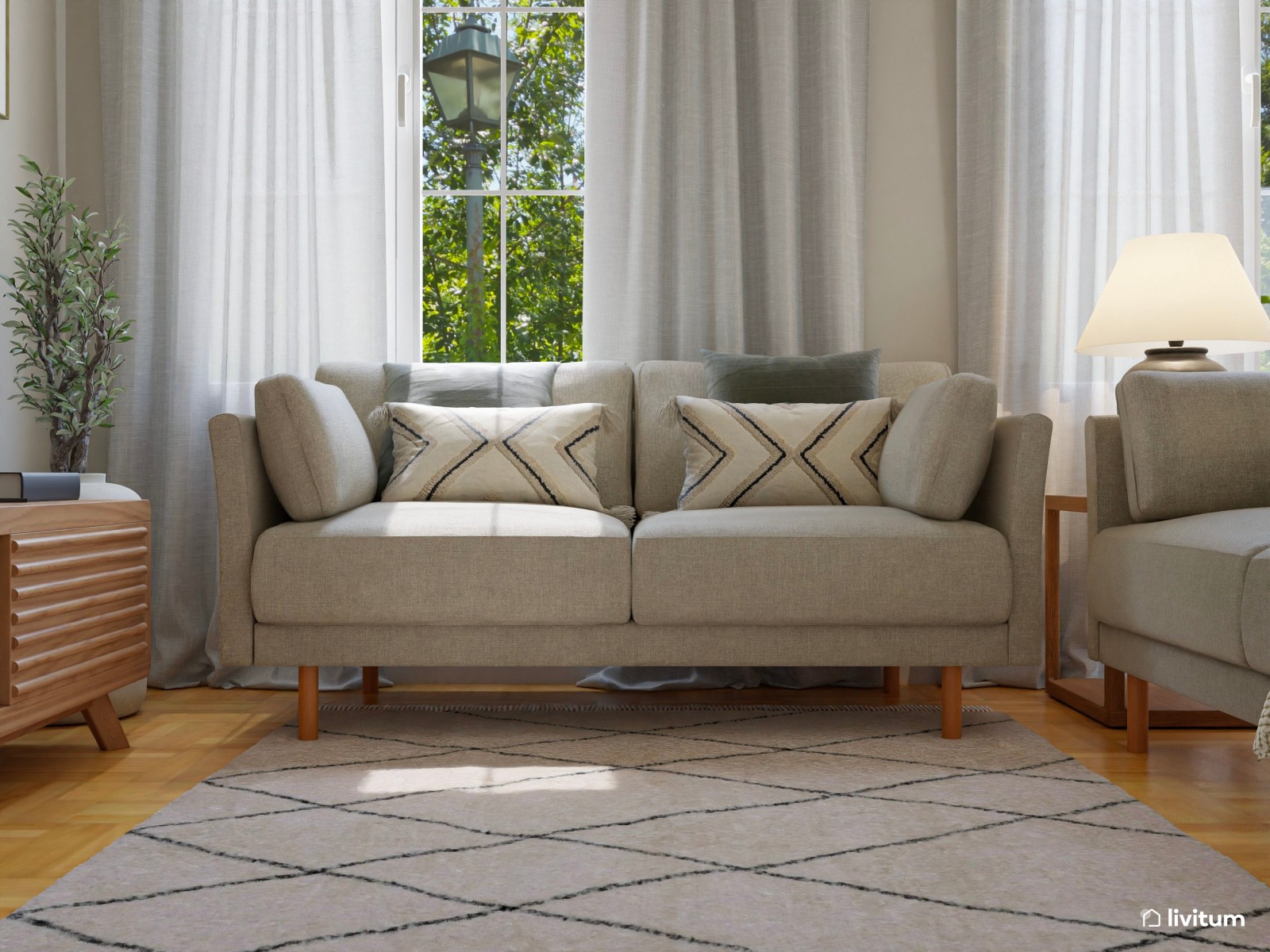 Salón cuadrado decorado en madera y estampados sutiles