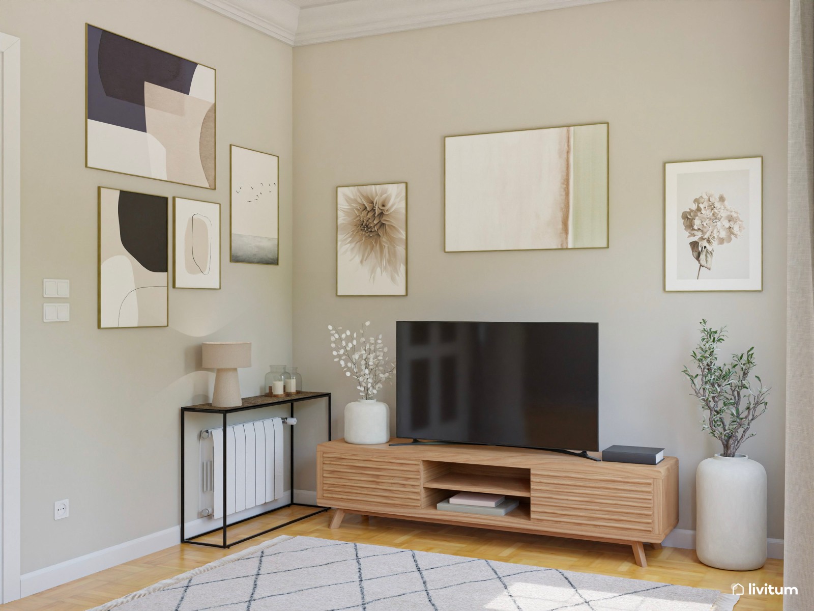 Salón cuadrado decorado en madera y estampados sutiles