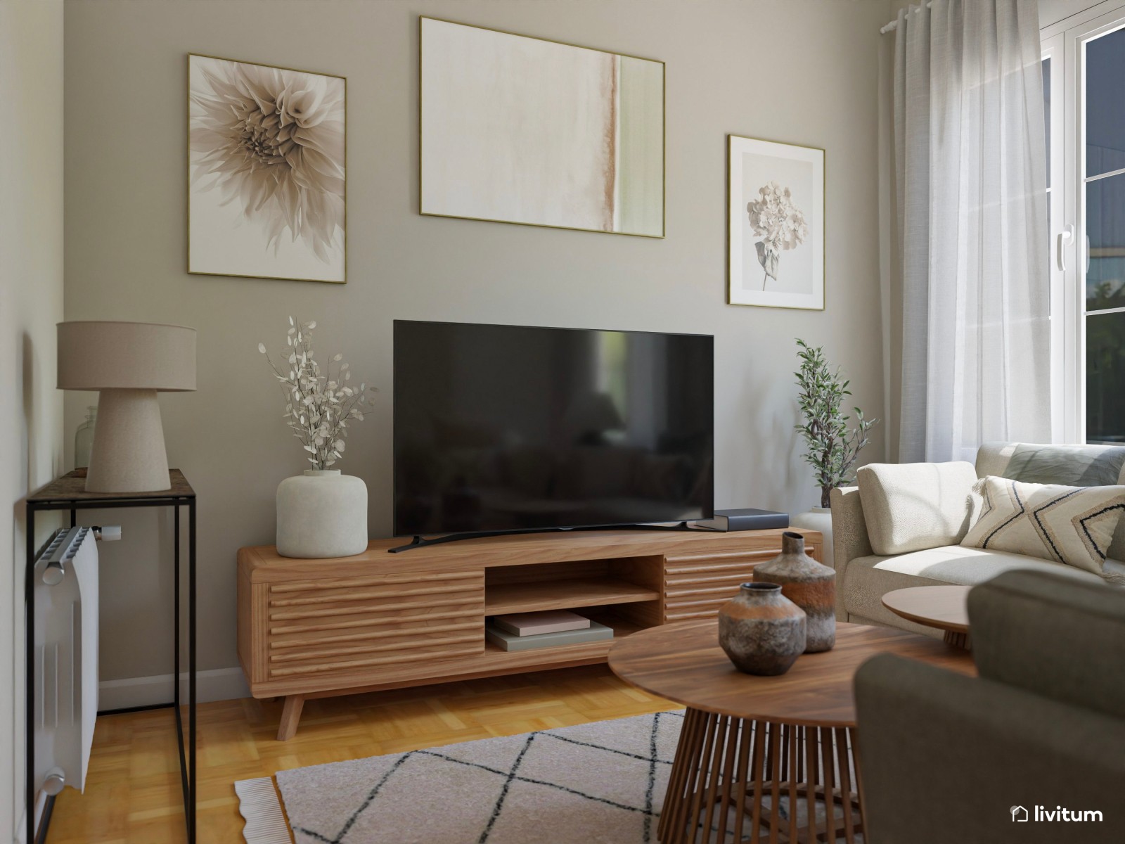 Salón cuadrado decorado en madera y estampados sutiles