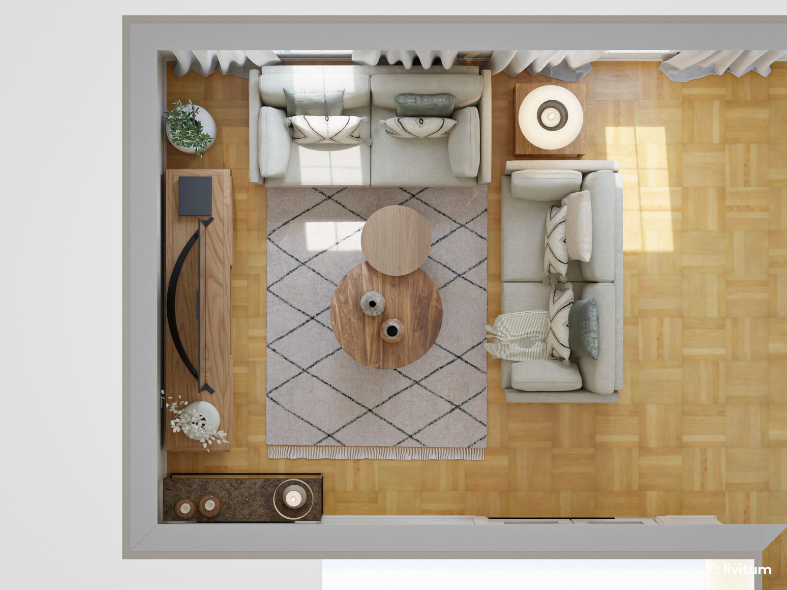 Salón cuadrado decorado en madera y estampados sutiles