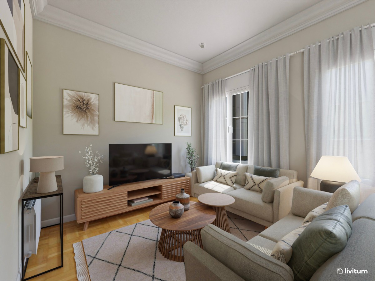 Salón cuadrado decorado en madera y estampados sutiles