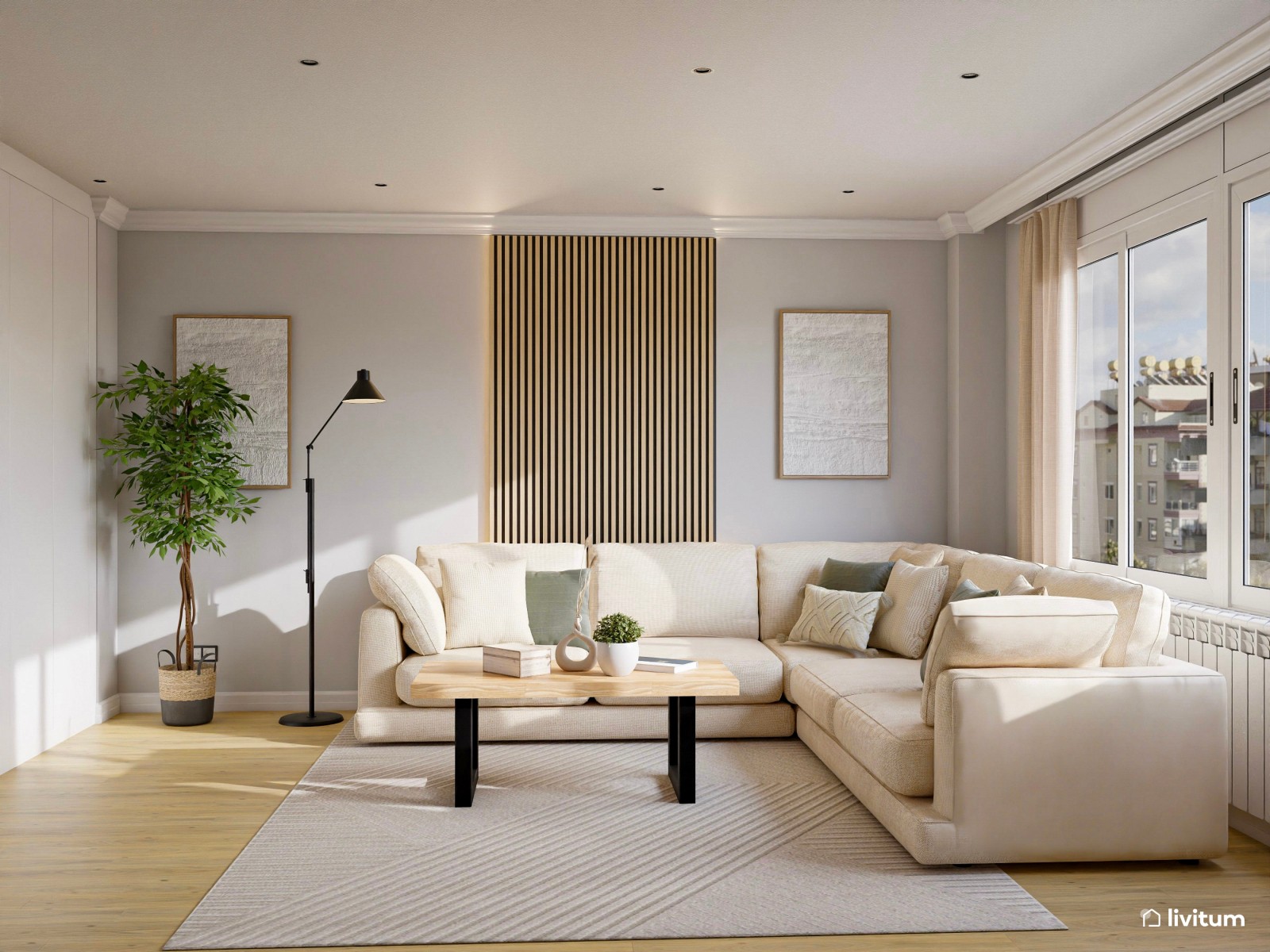 Salón cuadrado en madera clara y fibras naturales